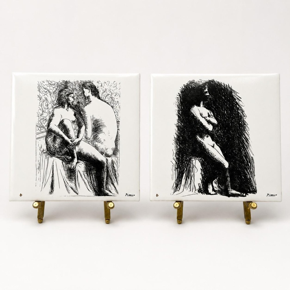 Vintage Picasso La Femme Ceramic Art Tiles Spadem Paris 1976 Estate Set of 2 -6"